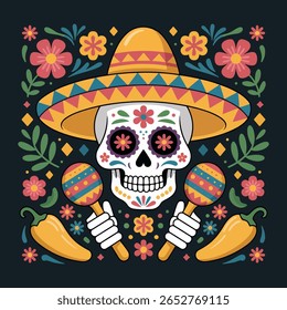 Día de muertos decorated skull with maracas and sombrero