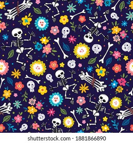 Día de muertos drawn in doodle style. Vector seamless background in doodle style with with skeletons, skulls, bones, flowers and leaves. Flat style design. Mexican holiday of the dead.