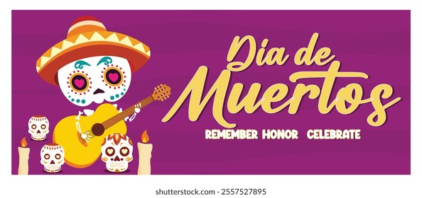 Día de Muertos with a festive skeleton playing guitar, surrounded by decorative skulls and candles. A tribute to Mexican culture and tradition, showcasing celebration and remembrance. 