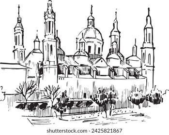 Ilustración de la Basílica de Nuestra Señora del Pilar. Esbozo de tinta horizontal. Dibujo vectorial de estructura histórica. Aislado sobre fondo blanco.  