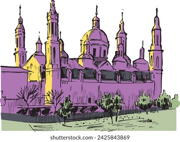 The Basílica de Nuestra Señora del Pilar yellow and purple illustration. Landscape ink sketch. Colorful illustration. Ink black contour. 