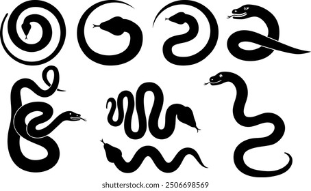 Série de silhouettes noires de serpent de 8 formes différentes.