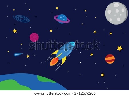 Ilustração de uma espaçonave saindo da Terra e indo para a lua com planetas e estrelas ao seu redor