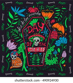 Dea de los muertos card. Day of the dead vector illustration set. 