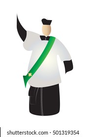 Deacon, abstract silhouette of a traditional choral vestments cleric in a cassock or soutane, with a biretta hat, surplice and a stole.Color vector illustration.