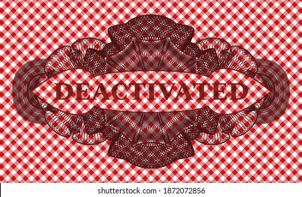 Deactivated text inside Currency red checkered tablecloth badge. Restaurant delicate background. Artistic illustration. 