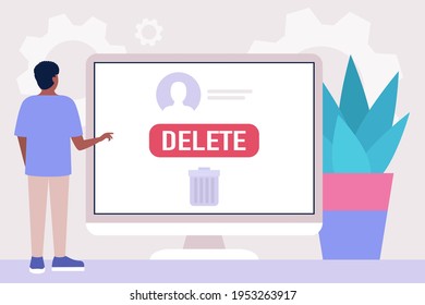 Deactivation account concept. Young man deleting social account, profile, page. Colorful flat vector illustration