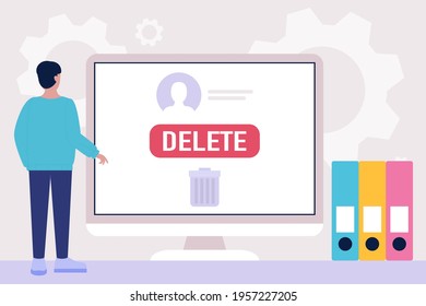 Deactivation account concept. Young man deleting social account, profile, page. Colorful flat vector illustration