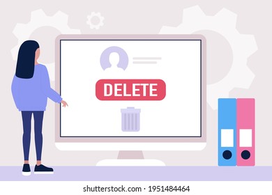 Deactivation account concept. Young woman deleting social account, profile, page. Colorful flat vector illustration