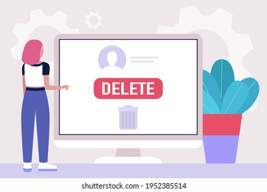 Deactivation account concept. Young woman deleting social account, profile, page. Colorful flat vector illustration