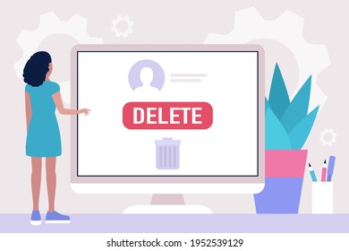 Deactivation account concept. Young woman deleting social account, profile, page. Colorful flat vector illustration