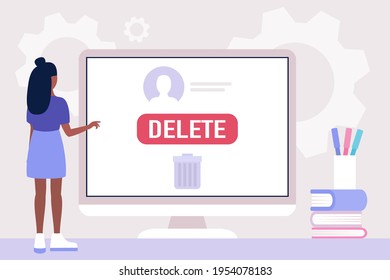 Deactivation account concept. Young woman deleting social account, profile, page. Colorful flat vector illustration