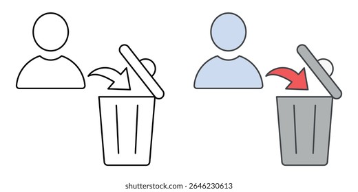 Deactivation request icon with user, downward arrow, and trash, in outline and color styles, ideal for illustrating account removal requests, access deactivation, and IT offboarding workflows.