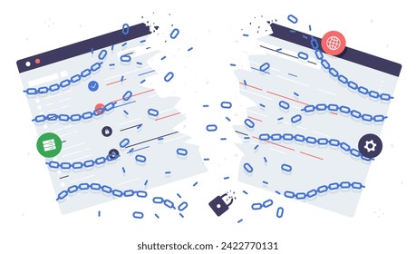 Deactivation web page concept. Broken webpage in chains. Forbidden link address and poblems in code. Deleted website. Cartoon flat vector illustration isolated on white background