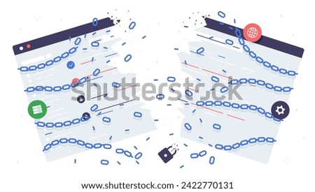 Deactivation web page concept. Broken webpage in chains. Forbidden link address and poblems in code. Deleted website. Cartoon flat vector illustration isolated on white background
