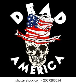 Estados Unidos muerto. Dibujo manual de ilustración vectorial del cráneo con una bandera de los estados unidos de américa.