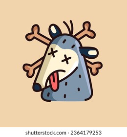 Dead animal face. Dying opossum with negative emotions, lifeless possum with bones, wild muzzle, corpse snout, depressed forest character. Sadness sticker. Flat isolated vector illustration