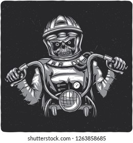 Dead astronaut on the motorcycle. Isolated on white background.