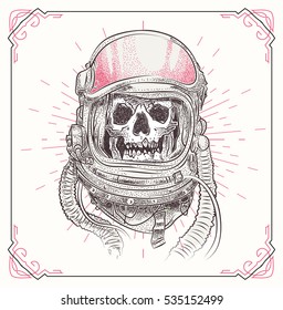 Dead astronaut. Skull illustration with geometric abstract elements. Grunge print template for tshirt. Vector stock art.