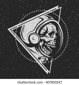 Dead astronaut in spacesuit and geometric element. On dark background.