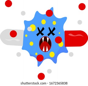 dead bacterium with sharp fangs and capsule pill concept of medicine and virus protection objects on a white background