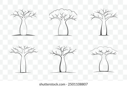 Juego de Vector de arte de línea de árbol Baobab muerto con ramas detalladas y Ilustraciones de tronco texturizadas