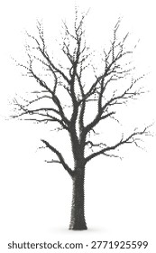 A dead bare tree vector with stark branches and a creative stipple effect isolated on white for winter forest scenes.