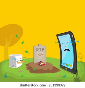 Dead Battery Cartoon comical concept. Mobile phone and charger adapter are crying hard in cemetery ground.