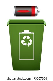 Dead battery with green recycle bin