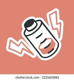 Dead battery, low charge. Vector sticker or illustration of lack of energy. Cute doodle vector hand drawn style. Depression, lack of strength, stress, professional burnout.