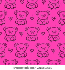 Dead bear seamless pattern wallpaper art.Vector graphic background illustration.Dead bear toy,emo style seamless pattern wallpaper print concept