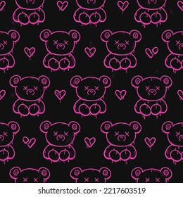 Dead bear seamless pattern wallpaper art.Vector graphic background illustration.Dead bear toy,emo style seamless pattern wallpaper print concept