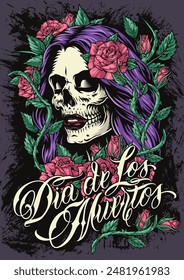 Dead beauty vintage sticker colorful with woman skull among prickly roses and words dia de los muertos vector illustration