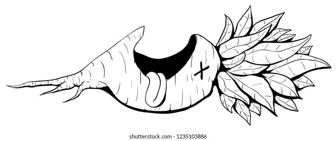 Dead beet root vegetable funny cartoon line drawing, vector, horizontal, over white