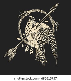 Dead bird on black background. Vector illustration