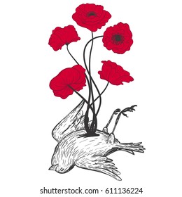 Dead Bird With Poppies On White Background In Vintage Retro Style. Vector Illustration For Tattoos, Covers, Stickers.