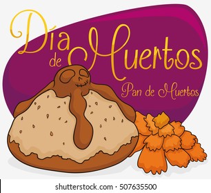 Dead bread with skull drawn in the top with a marigold and a purple sign with golden text commemorating Mexican "Day of the Dead" ("Dia de Muertos" in Spanish).