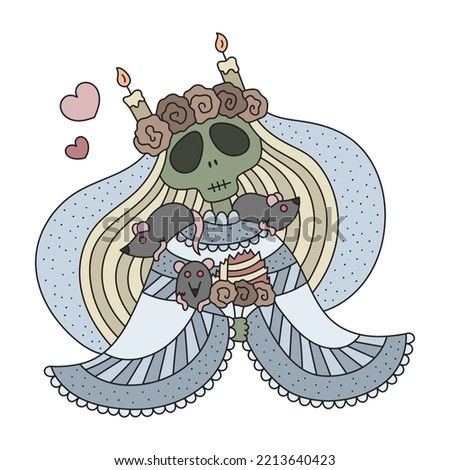 Dead bride wearing bridal veil. Zombie girl wearing bridal dress. Wedding ceremony. Woman with flowers bouquet in hands. Decorated with rats and candles. Cute cartoon vector illustration