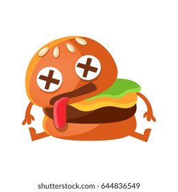 Dead burger cute cartoon fast food emoji character vector Illustration