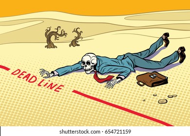 Dead businessman committed to deadline. Next to the dream. A dead traveler skeleton. The end. Pop art retro vector illustration