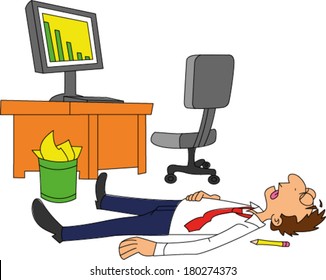 Dead businessman laying on floor next to desk with declining sales trend on computer screen