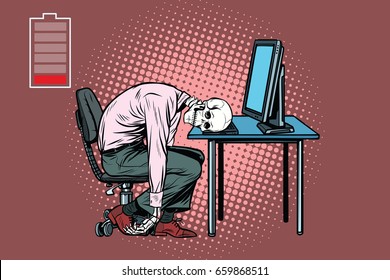 dead businessman skeleton at the computer. Pop art retro vector illustration