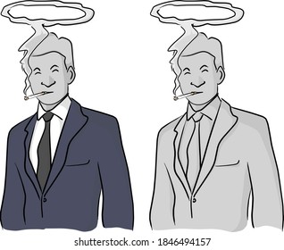 dead businessman smoking with halo on his head vector illustration sketch doodle hand drawn with black lines isolated on white background