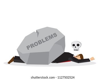 Dead businessman under a giant rock title problems. Corporate business crisis, disaster, misfortune or fail concept. Isolated vector illustration.