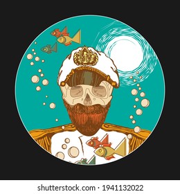 Dead captain in uniform and cap at the bottom of the sea. Round picture, icon, emblem. Vector illustration