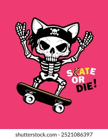 Gato muerto montando un patín. Vector de concepto de patinar o morir. SK8 amor, pop, arte punk