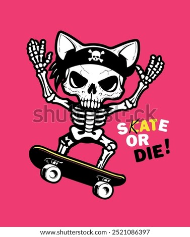 Dead cat riding a skate. Skate or die concept vector. SK8 love, pop, punk art