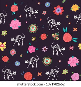 Dead cats Day of the Dead. Vector line illustrations seamless pattern with flowers on dark background. 