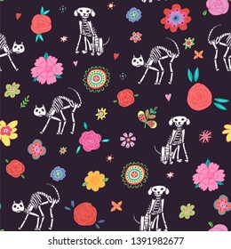 Dead cats and dogs Day of the Dead. Vector line illustrations seamless pattern with flowers on dark background. 