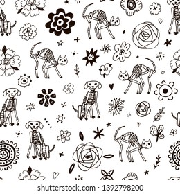 Dead cats and dogs Day of the Dead. Vector line illustrations seamless pattern with flowers on dark background. 